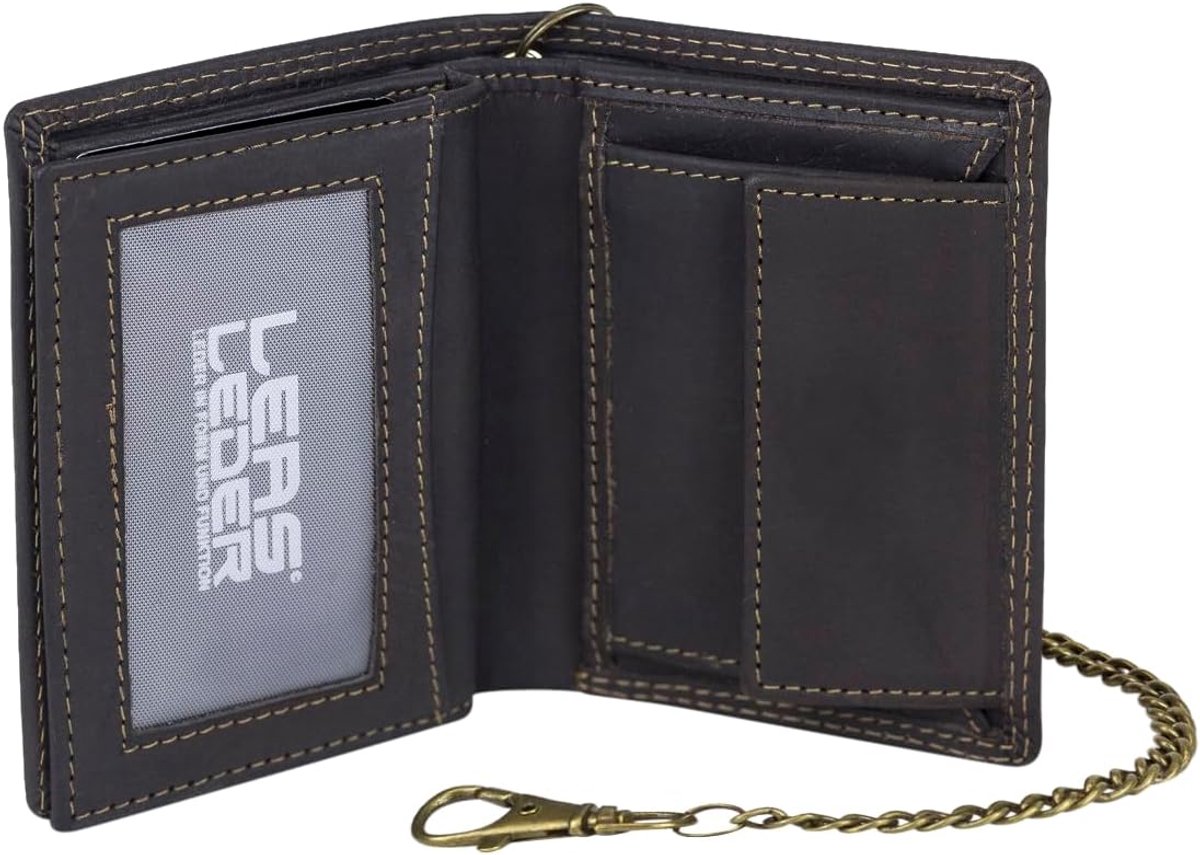 Mini Biker wallet extra thin with chain in portrait format LEAS MCL in genuine leather, brown - ShopVlot