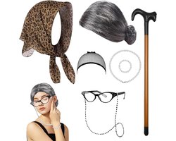 YOUYIKE Grandma Costume, Costume Set Kit for Grandmother with Grey Wig Artificial Pearl Jewelry Glasses with Necklace - ShopVlot