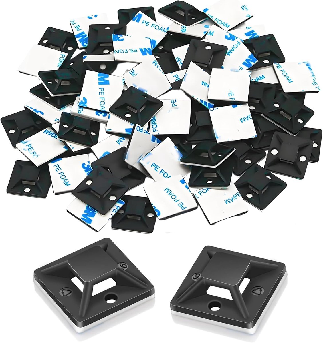 Pack of 100 Self Adhesive Base for Cable Ties, Screw Base Self-Adhesive, Cable Fixings Self-Adhesive, 20mm × 20mm - ShopVlot