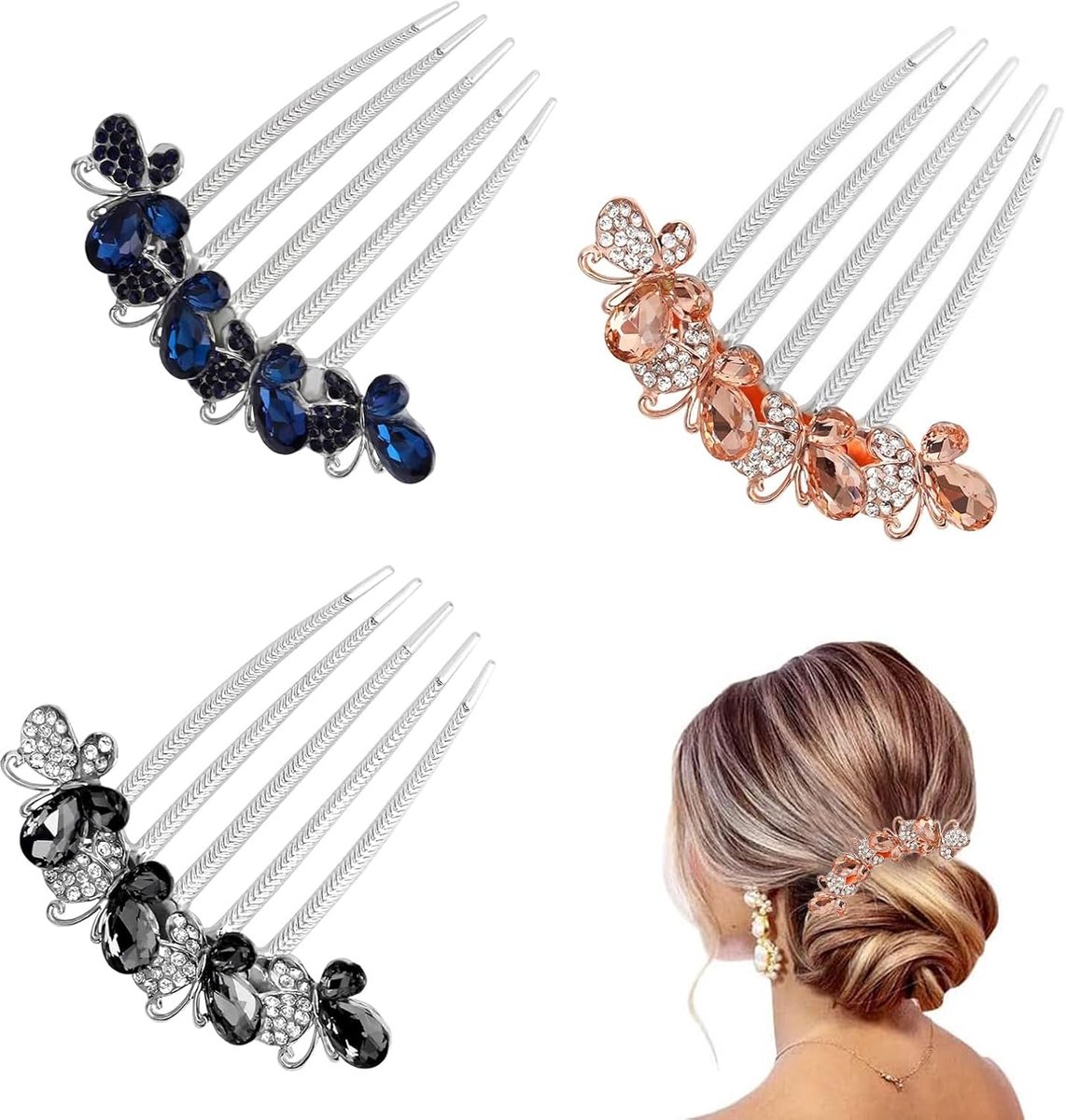 Haar kam met rhinestones - 3 stuks - vlinders en bloemen - elegant voor feestjes - ShopVlot