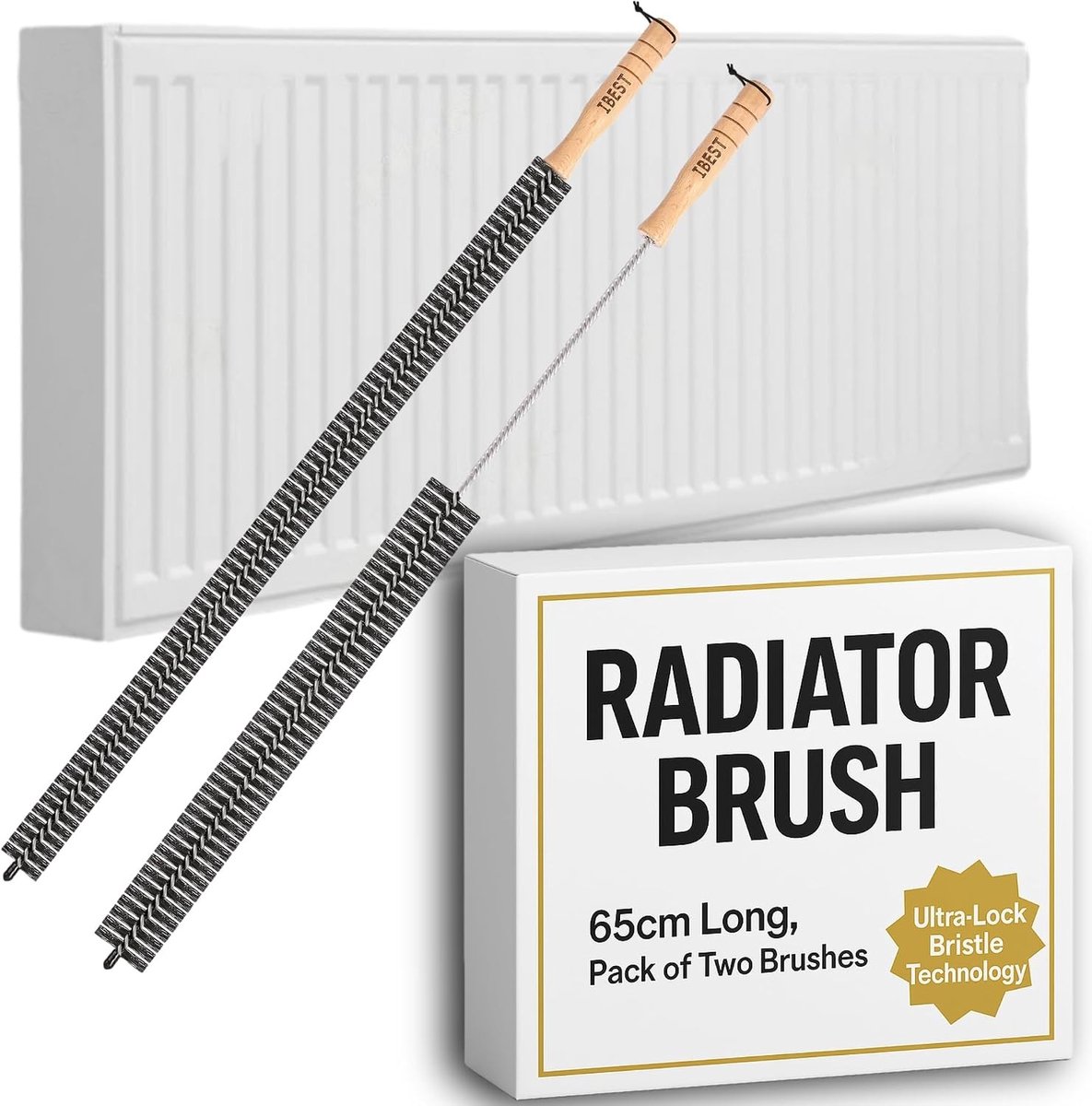 Set van 2 Radiatorreinigingsborstels - Zwart - 65 cm - Met Houten Handvat en Ophanghaaklus - Voor Thuis en Kantoor