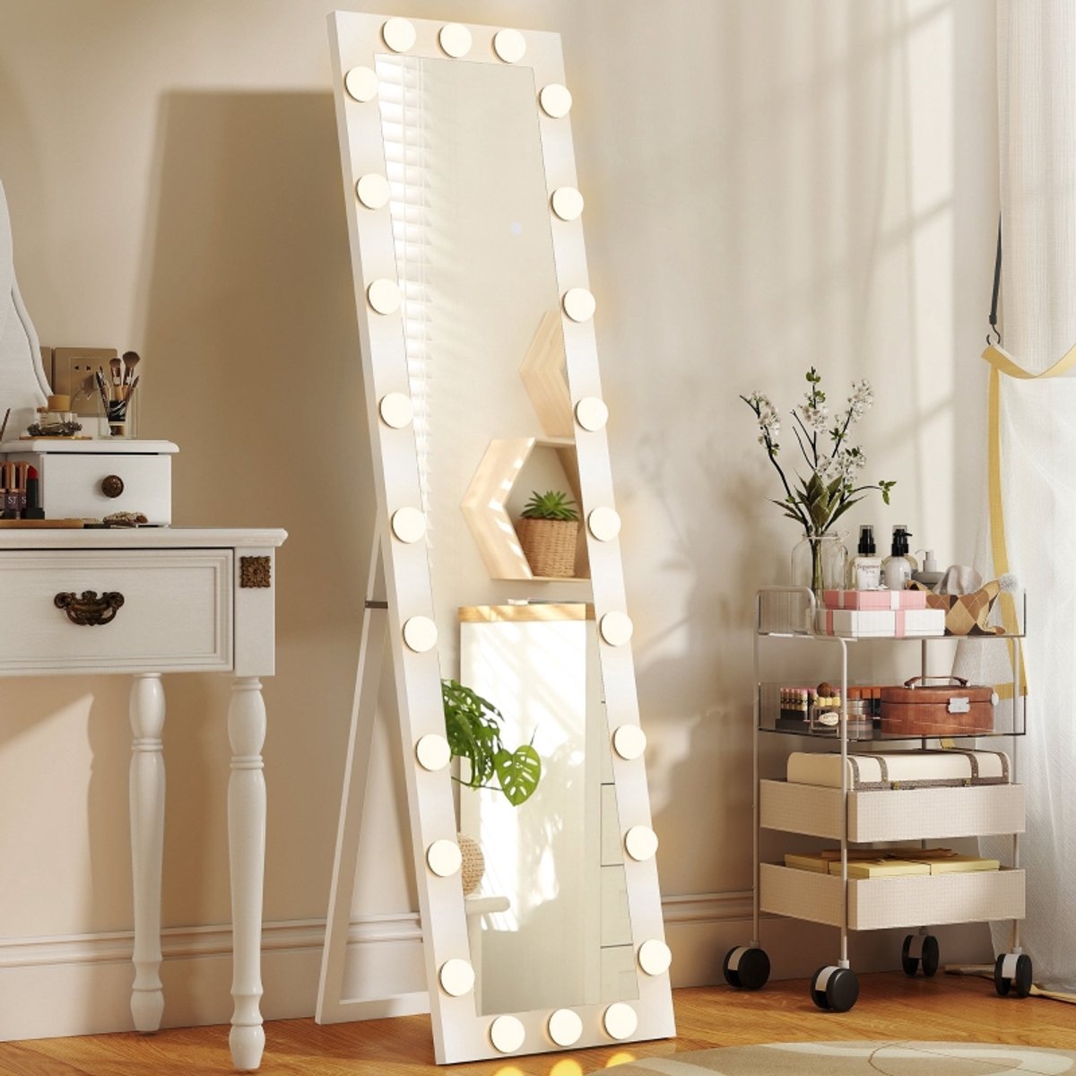 Spiegel Met Verlichting – 150 x 40 cm – Rechthoek – Gehard Glas, MDF En Aluminium – Wit – Staand, Leunend Of Aan De Wand