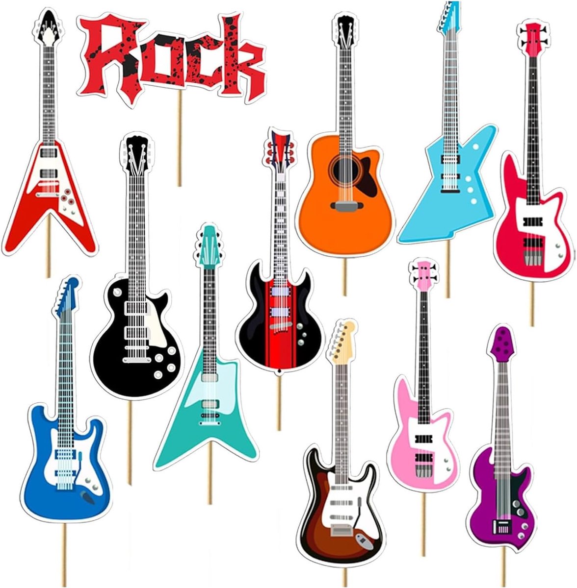 Taartopzetstukken elektrische gitaar - 24 stuks - verschillende muziekinstrumenten - perfect voor verjaardagen - ShopVlot