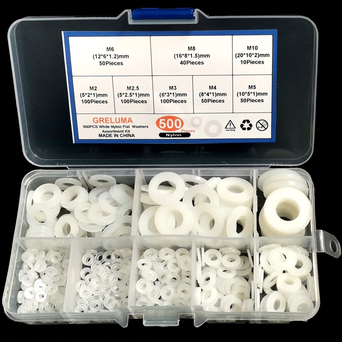 Plastic ring set 500pc M2 M2.5 M3 M4 M5 M6 M8 M10 - Nylon vlakke ringen - Lichtgewicht en corrosiebestendig - ShopVlot