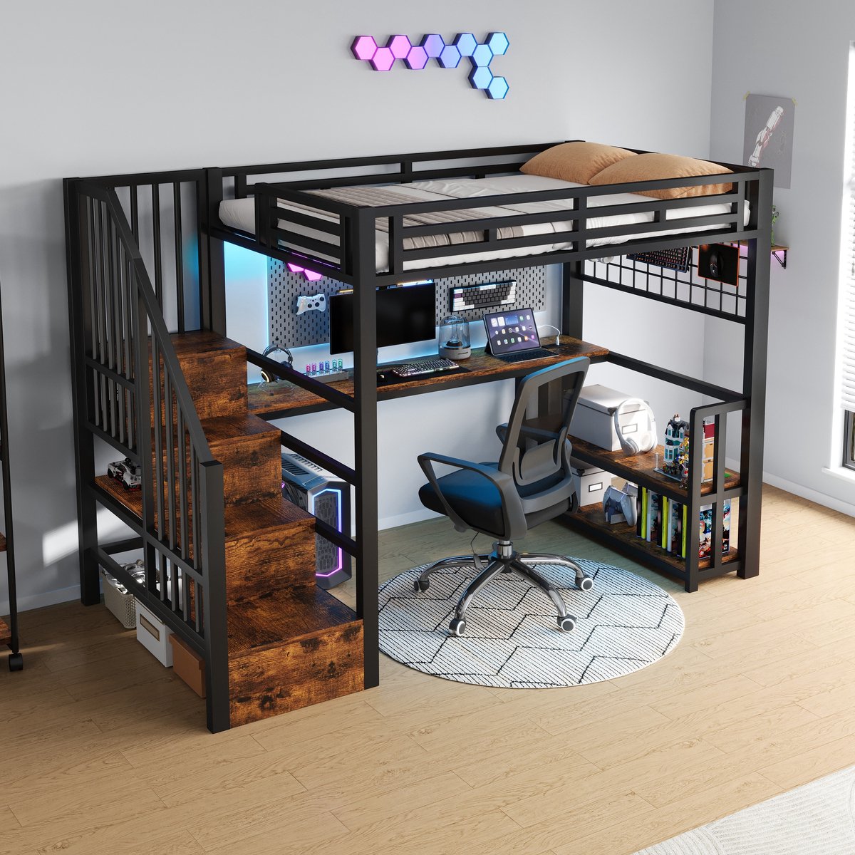 REDOM - Hoogslaper - Met bureau en opbergrek - Met trap en LED-verlichting - Met USB- en Type-C-aansluitingen - Metaal en MDF - Zwart - 90 x 200 cm