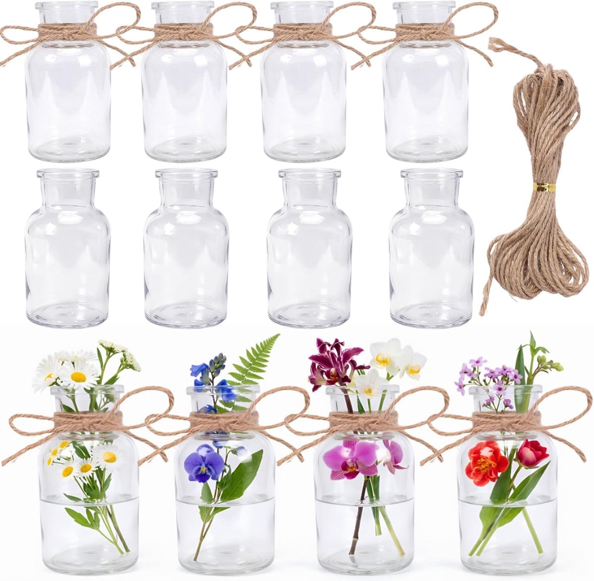 Glazen vazen set 125 ml - transparant cilinderdesign - met jute touw - perfect voor tafeldecoratie - ShopVlot