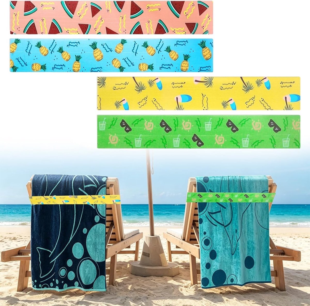 Handdoekbanden voor Ligstoelen - Meerkleurig - 5 x 30 cm - Elastische Winddichte Riemen - Voor Strand en Zwembad