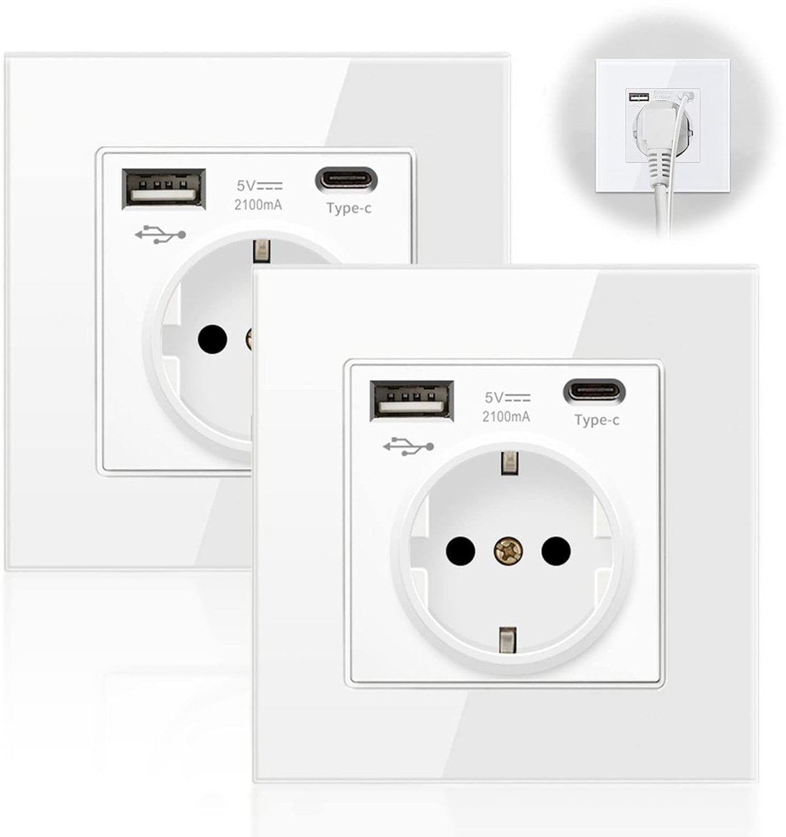 Schuko stopcontact set van 2 - met USB en type C - glazen frame - snel opladen mobiele apparaten - ShopVlot