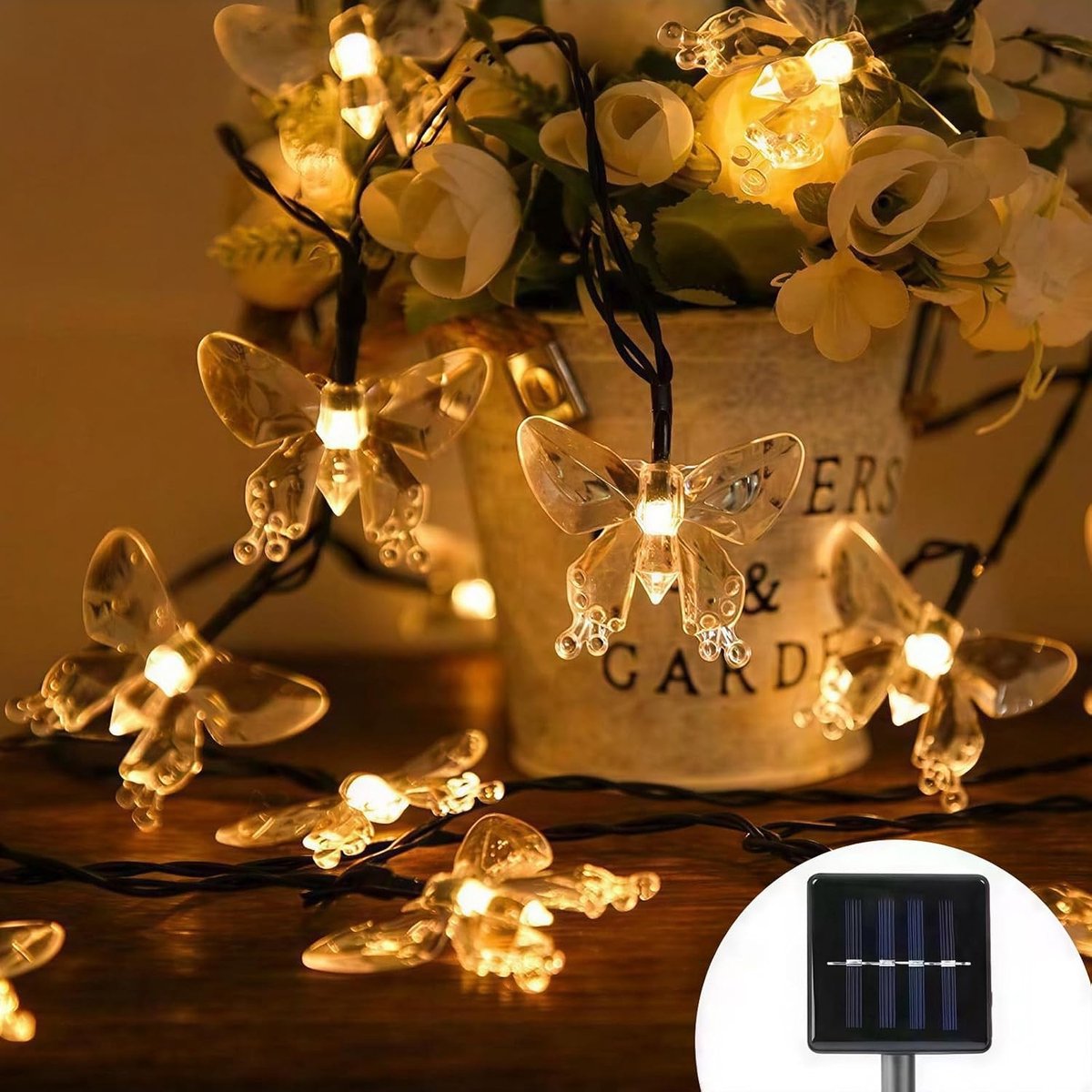 Lichtsnoer op zonne-energie - Warm Geel - 7 m - Vlinderlichtketting voor Tuindecoratie en Feesten