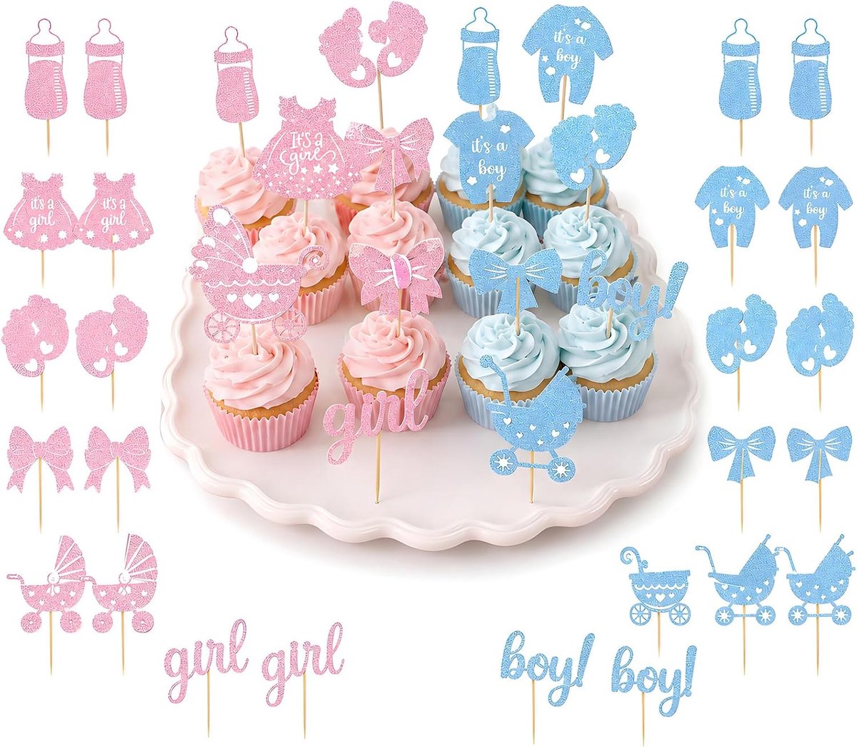 Cupcake toppers 24 stuks - lichtblauw papier - Oh Bab e opschrift - voor babyfeestje - ShopVlot
