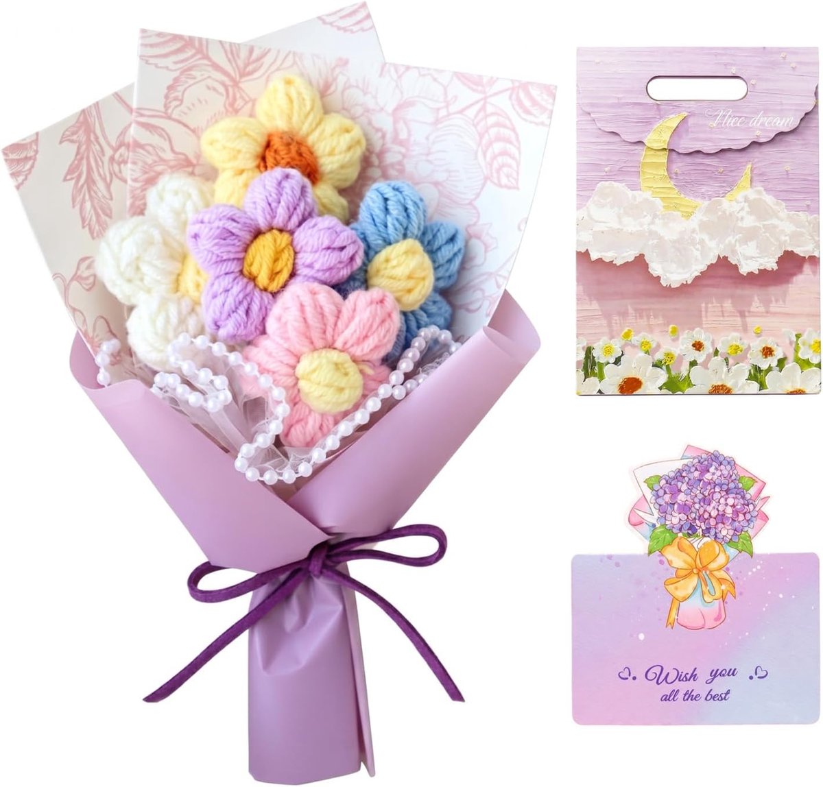 Mini-boeket bloemen - gehaakt tulpenboeket - met tas en kaart - perfect voor Moederdag - ShopVlot