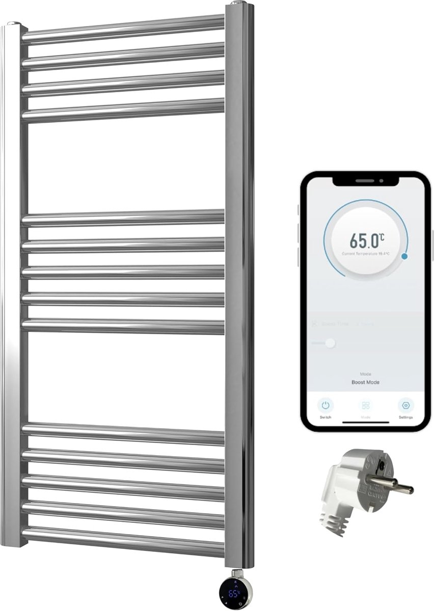Elektrische handdoekverwarmer 400 x 800 mm - Chroom - WiFi Smart met timer - Ideaal voor badkamer - ShopVlot