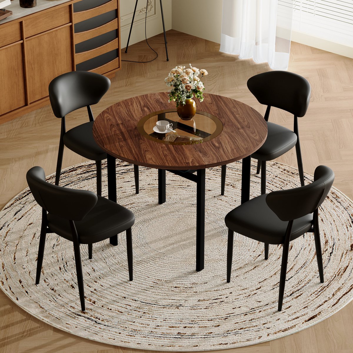 COVREO Ronde eettafel set 100 cm bruin zwart, hout met 4 stoelen