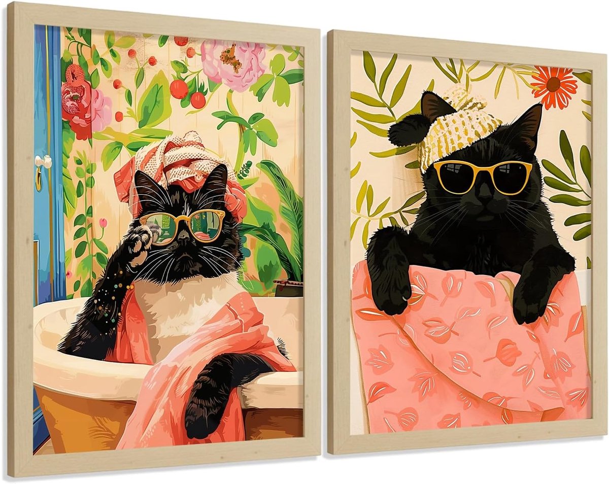 Muurdecoratie prints set van 2 - A4 formaat - katten thema - trendy voor badkamer en woonkamer - ShopVlot