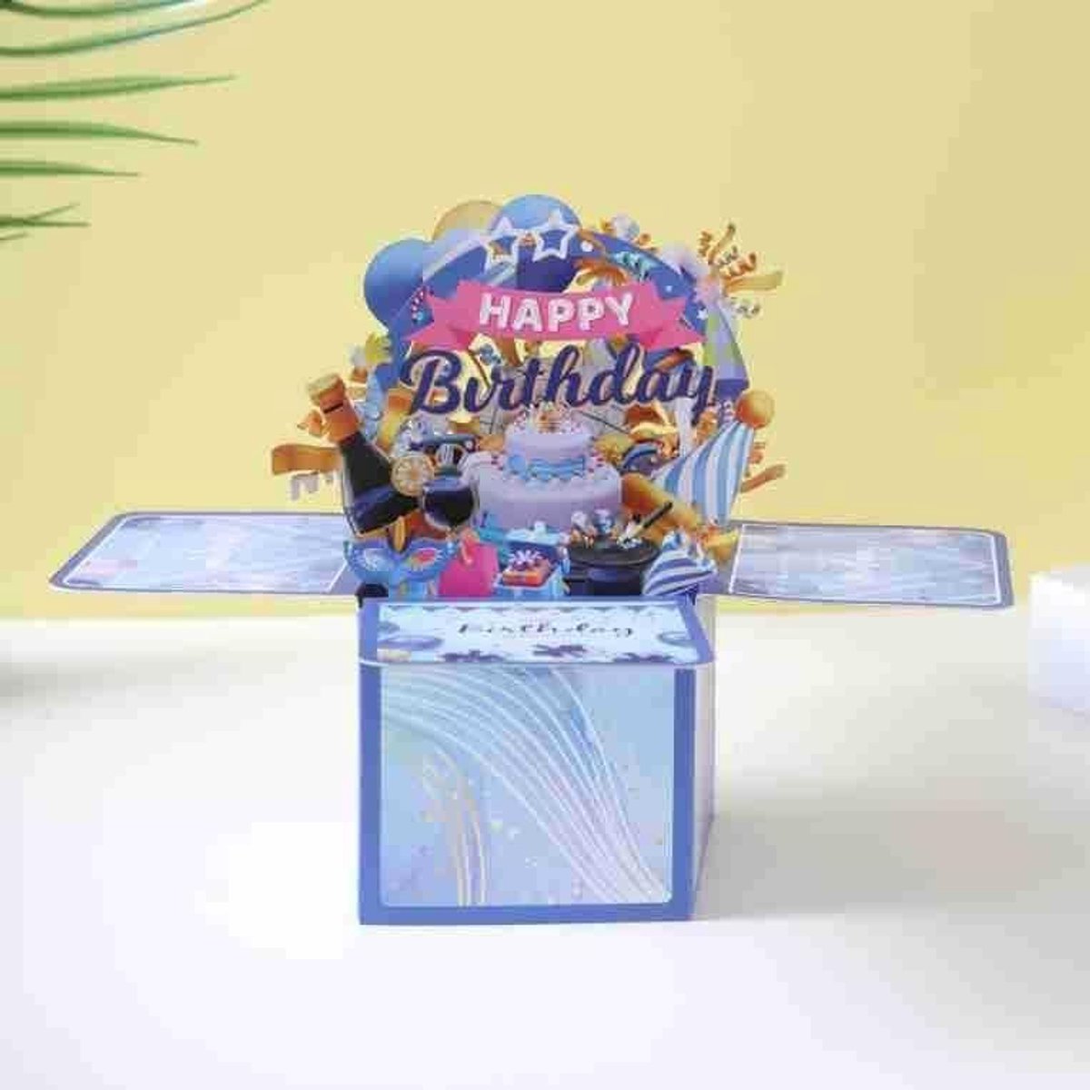 Verjaardagskaart pop-up 3D - blauwe verrassingsbox - milieuvriendelijk karton - leuk voor alle leeftijden - ShopVlot