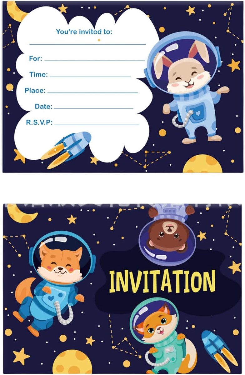 Uitnodigingskaarten ruimte thema - dubbele zijde met envelop - voor 30 gasten - feestelijke astronauten ontwerpen - ShopVlot