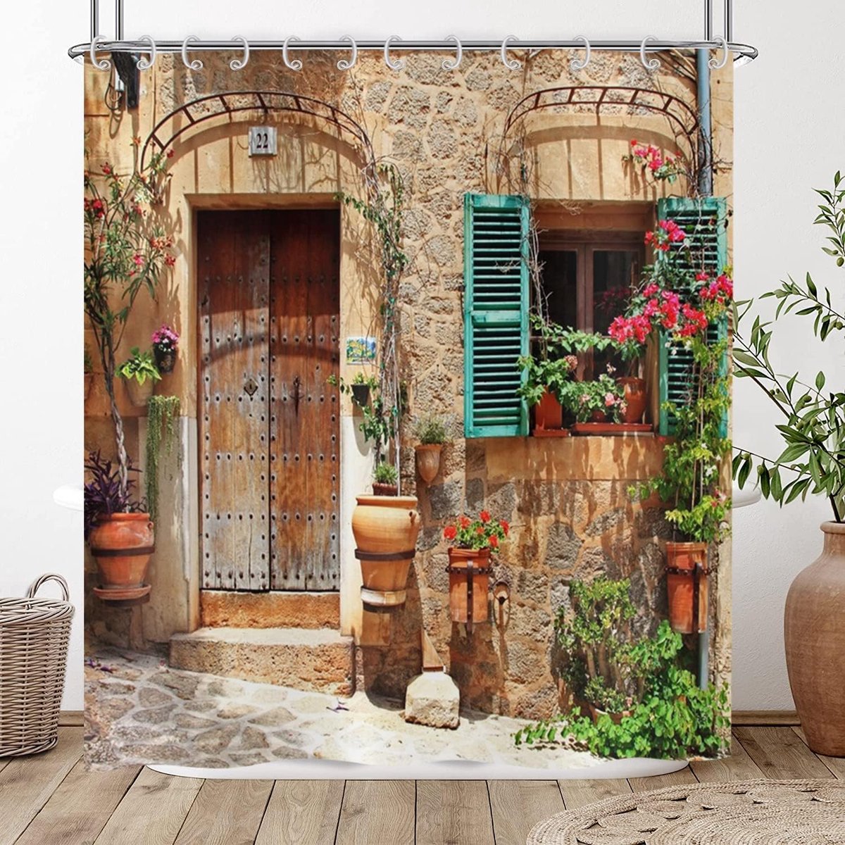 Douchegordijn 180 x 200 - 3D Afbeelding Tuin Bloemen - Vintage Look met Steenmuur - Waterproof en Wasbaar - ShopVlot