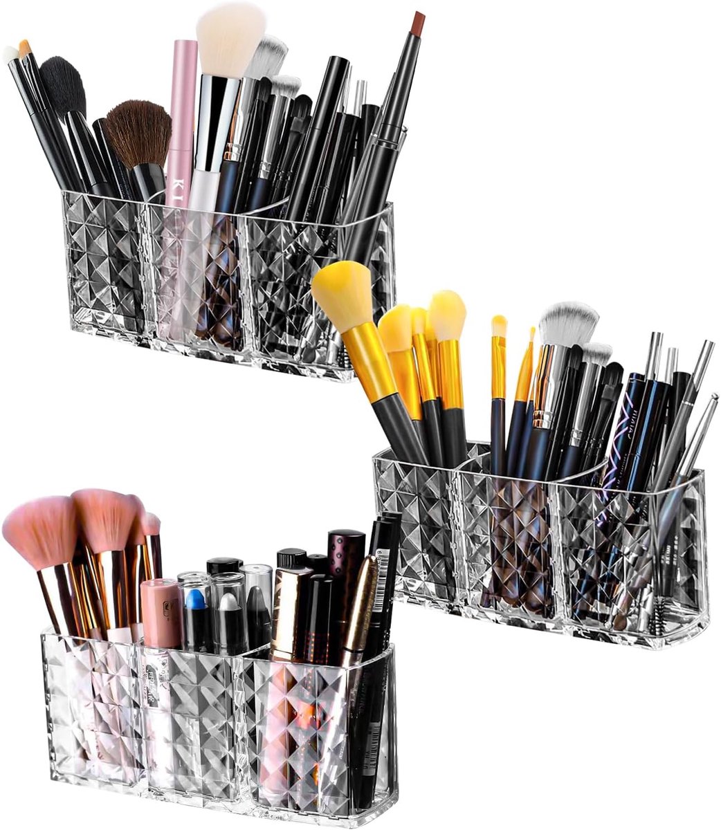 Makeup organizer 3-delig - transparant acryl - 3 compartimenten - ideaal voor make-up en kwasten - ShopVlot