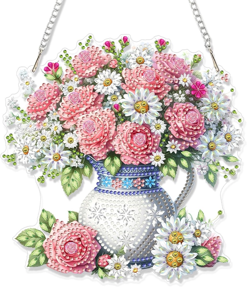 Diamantschilderij roze rozen in vaas - DIY acryl edelsteen art - eenvoudig te maken decoratie voor huisdeur - ShopVlot
