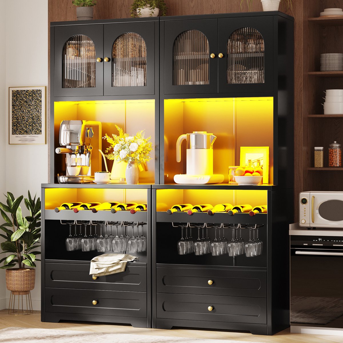 DESMIU Buffetkast Met Gebogen Glazen Deuren En LED Verlichting Voor Woonkamer En Eetkamer Zwart MDF 140x40x180 Cm