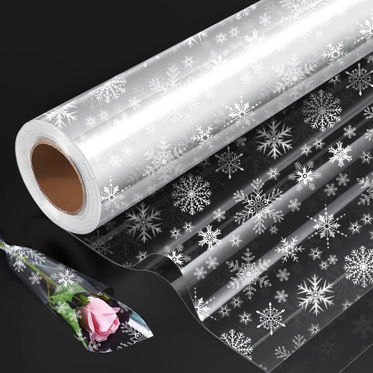 Cellofaan verpakking rol 80cm x 30m - transparant met sneeuwvlok print - ideaal voor cadeauverpakkingen, verjaardagen - ShopVlot