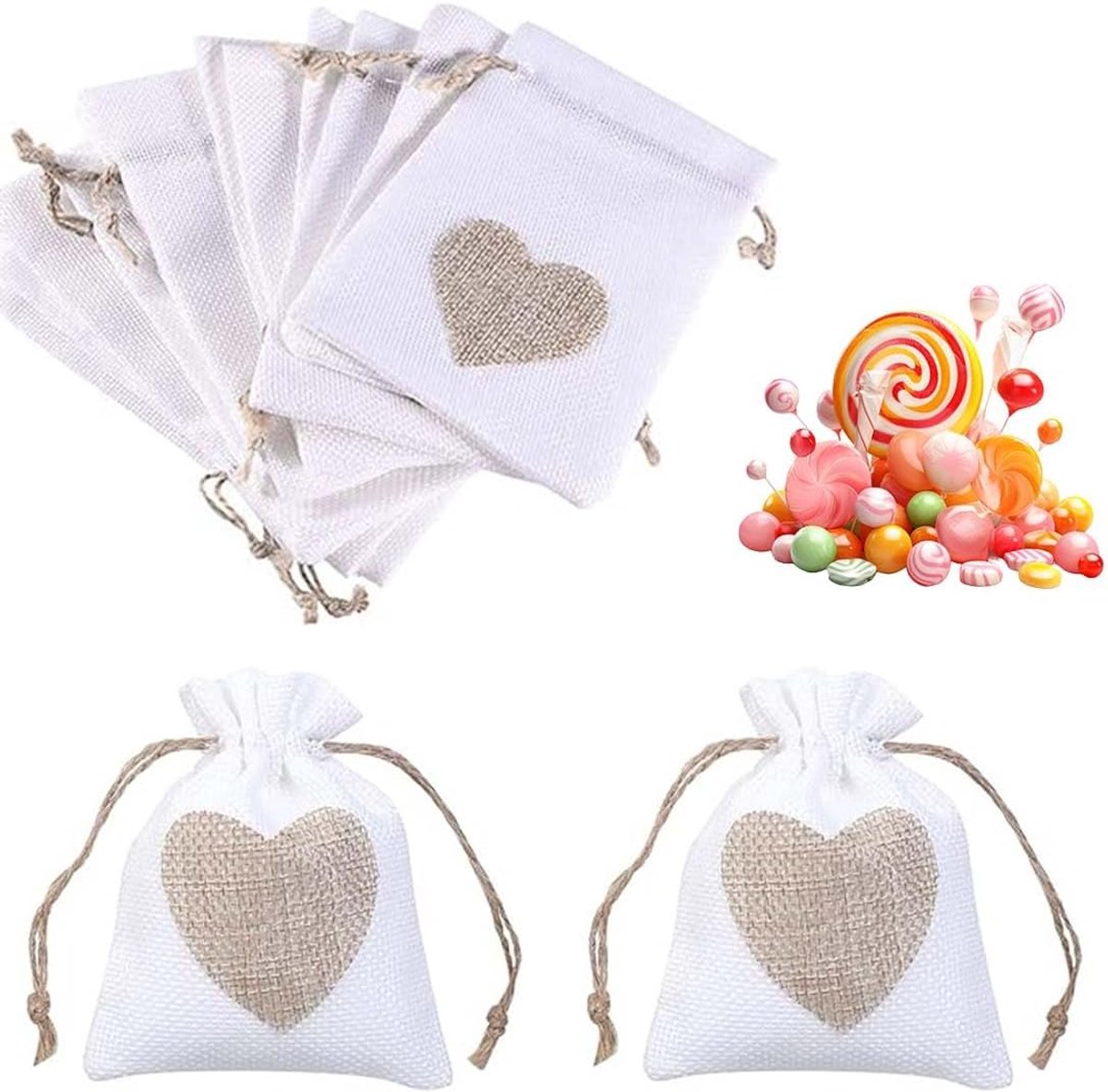 Jute zakjes 10 stuks - hartvormige cadeauzakjes - met trekkoord - ideaal als sieradenzakje - ShopVlot