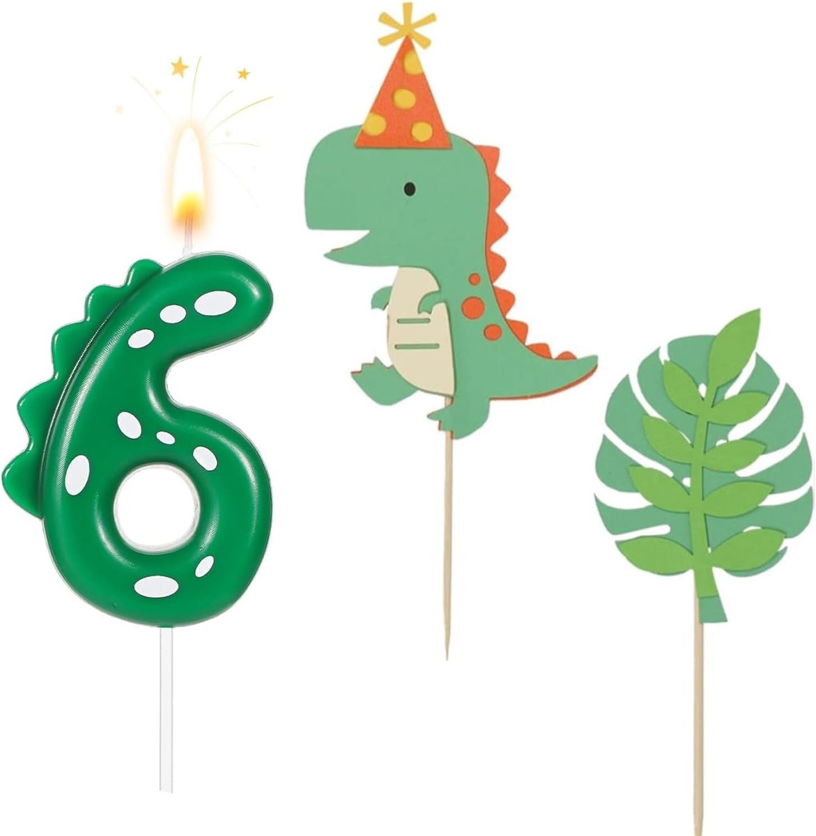 Verjaardagskaars nummer 6 - Dinosaurusvorm - Groene kaars met dino-taarttoppers - Perfect voor verjaardagstaarten - ShopVlot