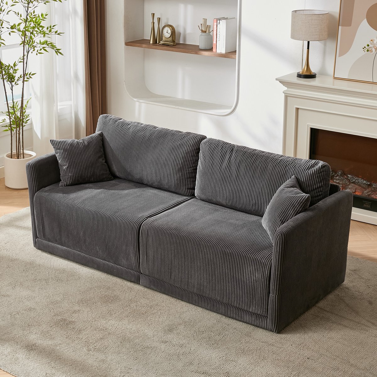 COVREO Slaapbank 202x84x62 cm grijs, polyester corduroy met metalen frame
