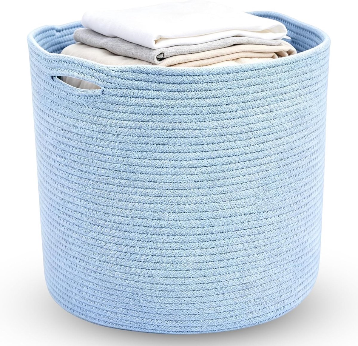 Gevlochten wasmand met handgrepen, diameter 40 cm, hoogte 35 cm, ideaal voor was, speelgoed en dekens, hemelsblauw