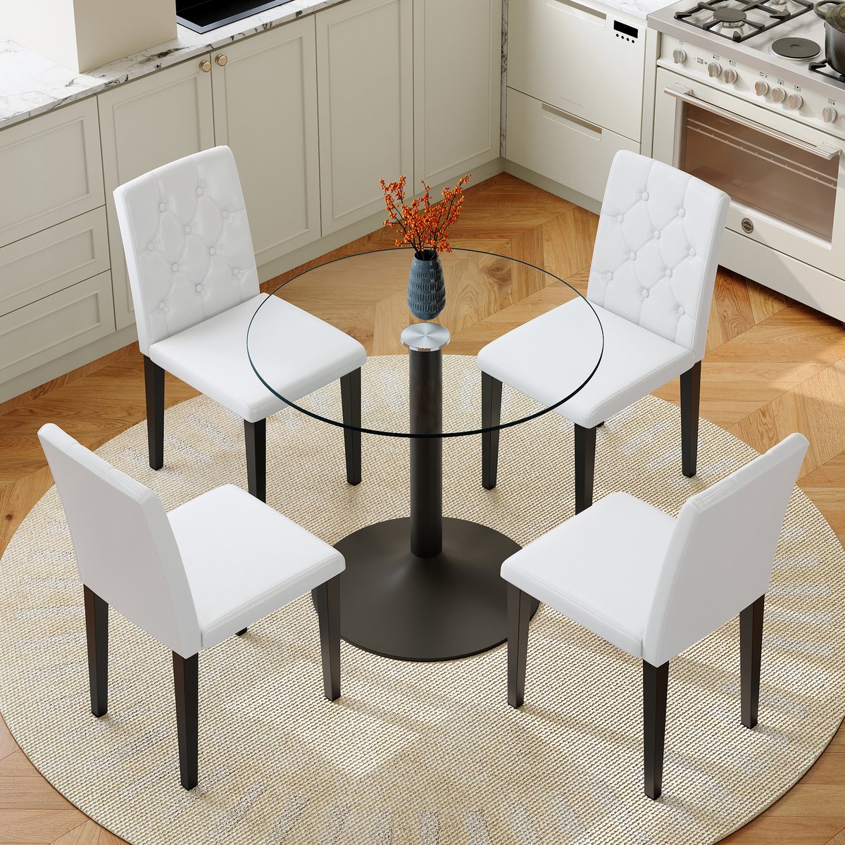 COVREO Set tafel en stoelen 85 cm - zwart, wit, metaal en glas, 4 stoelen