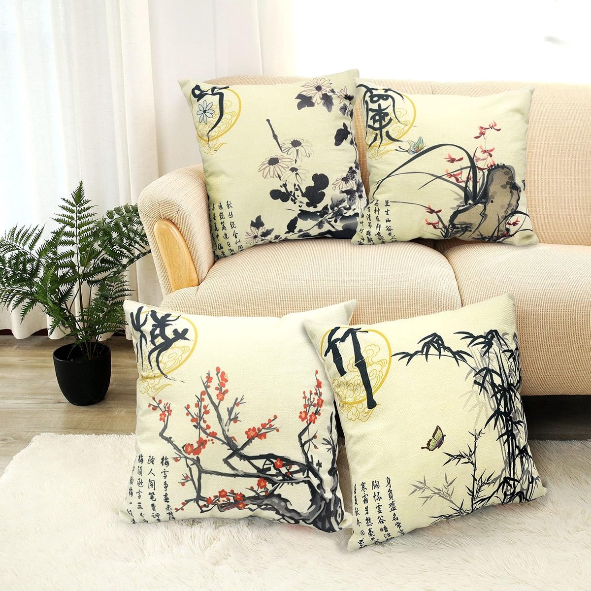 Kussenhoezen 18 x 18 inch - Katoen linnen - Chinese inktstijl - Perfect voor huisdecoratie - ShopVlot