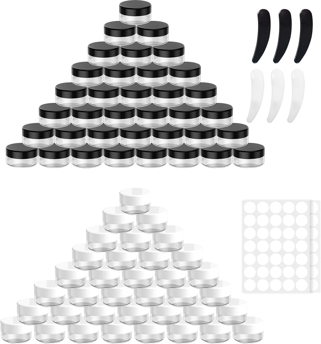 Plastic potjes 5ml - 100 stuks - zwart-wit - inclusief labels en spatula's - ShopVlot