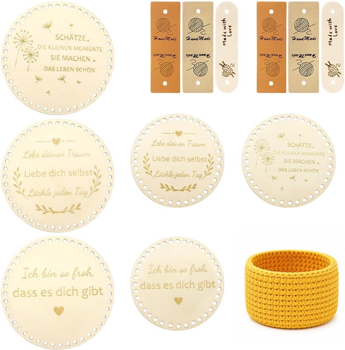 Haakbodem set van hout 15/20 cm rond - 6 stuks met labels - bedrukte platen voor haakmandjes - persoonlijke decoratie - ShopVlot