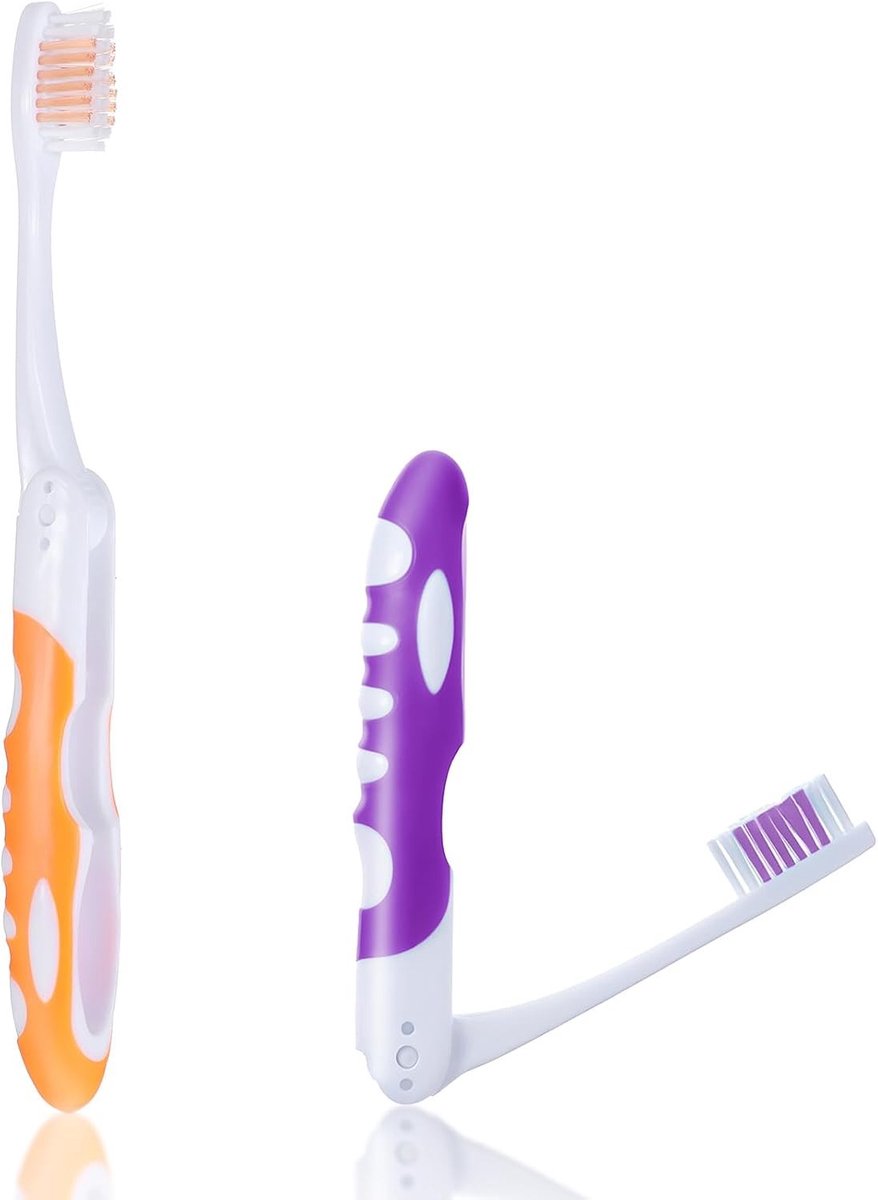 Set van 2 Opvouwbare Reistandenborstels, Zachte Mini Tandenborstels voor Reizen, Kamperen en Wandelen (Oranje & Paars)