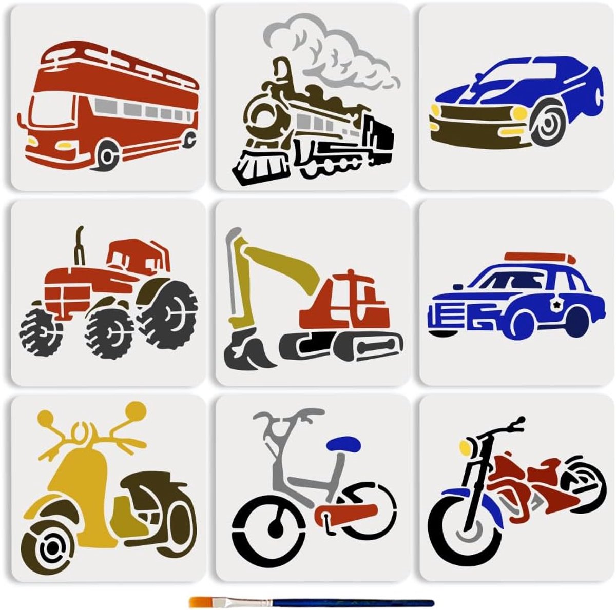 Transportwagens sjablonen 9-delig - herbruikbaar 15x15cm - voor schilderen en decoratie - ShopVlot