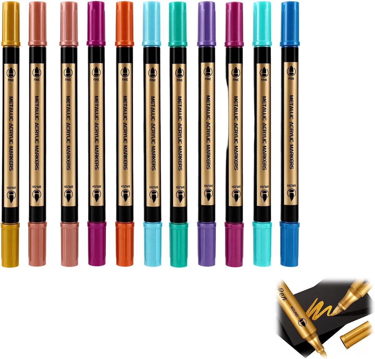 Metalen markeerstiften 12 stuks - dubbele punt - 12 metallic kleuren - ideaal voor creatief gebruik - ShopVlot