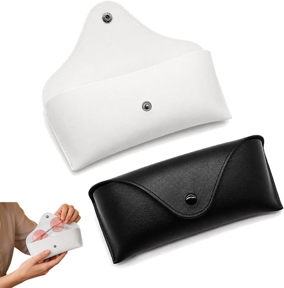 Leren brillenkoker 2 stuks - zwart en wit - met microvezeldoek - ideaal voor zonnebril en leesbril - ShopVlot