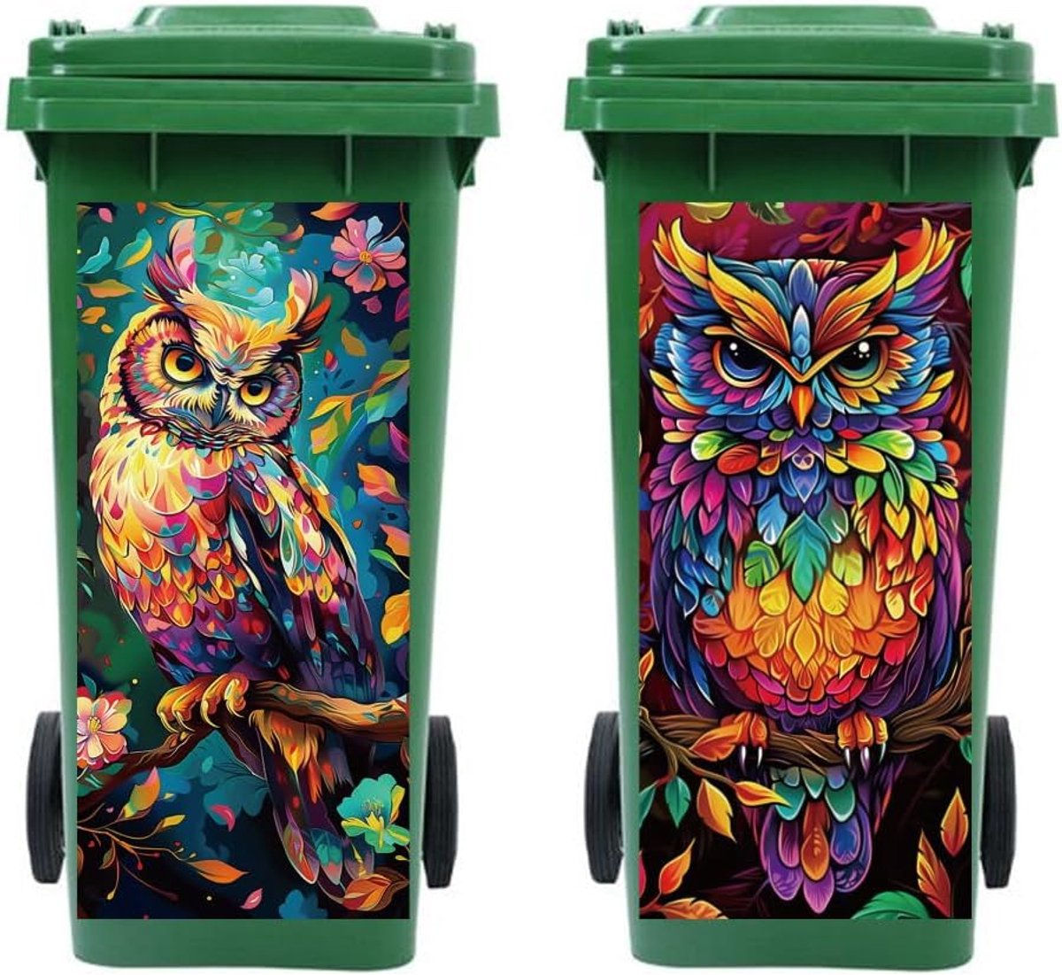 Afvalcontainer Stickers - 2 Vellen Kleurrijke Uilen - Waterdicht - Decoratie voor Tuin en Binnen - ShopVlot