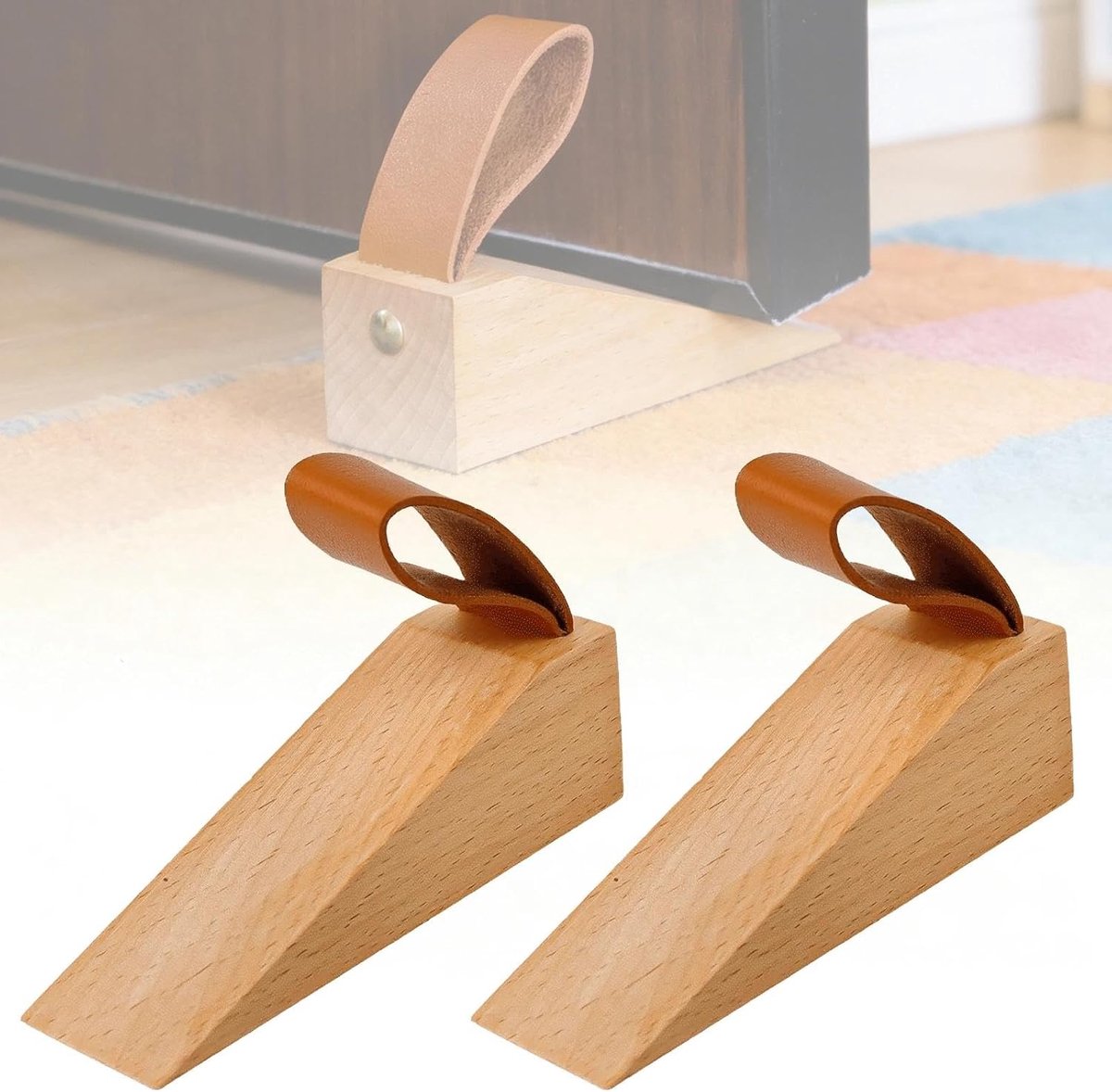 Deurstopper beukenhout 2 stuks - met leren handvat - voor deuropeningen van 5-30 mm - voorkomt schade aan deuren - ShopVlot