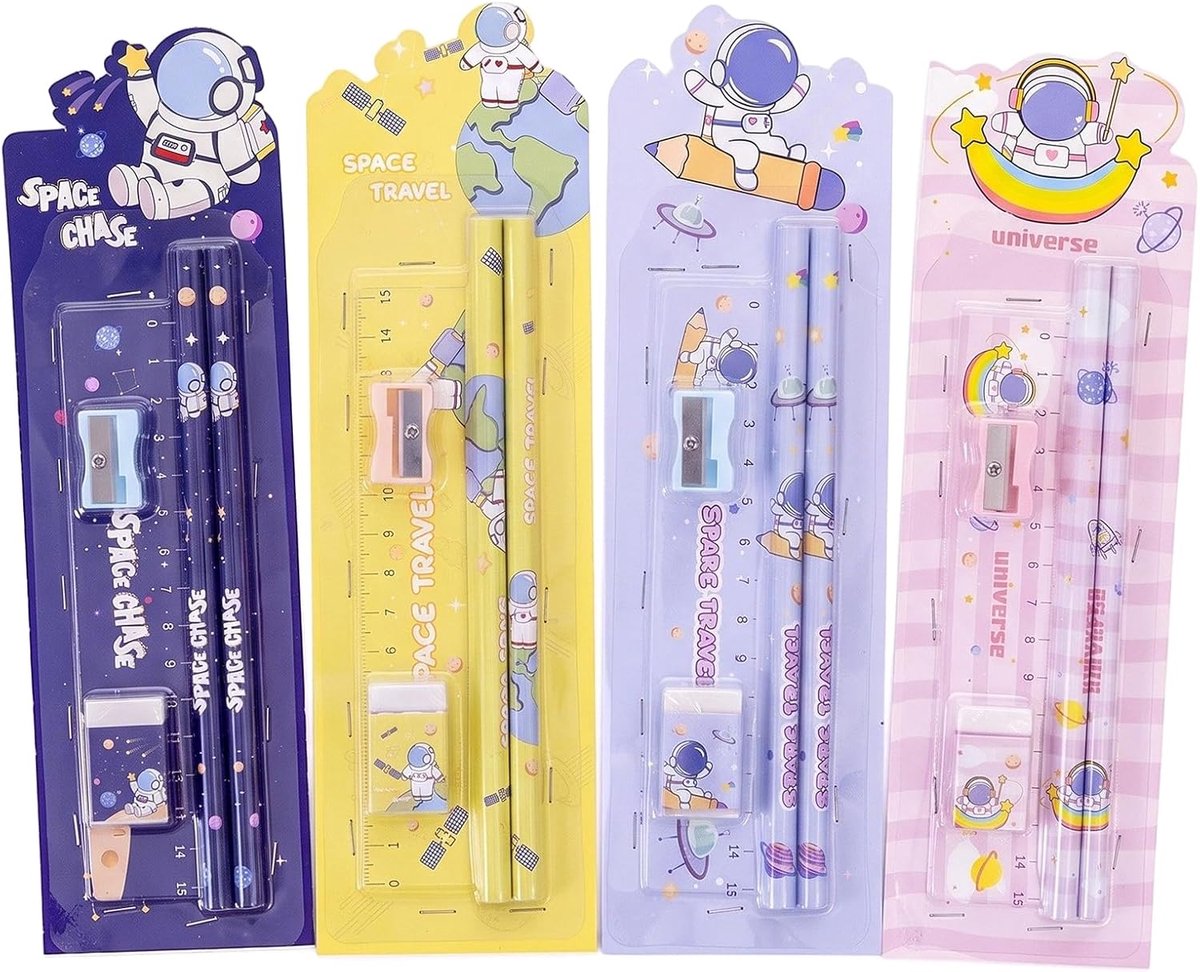 Set van 4 astronauten-schrijfwaren - kleurrijk en compleet - ideaal voor school - perfect afscheidscadeau - ShopVlot