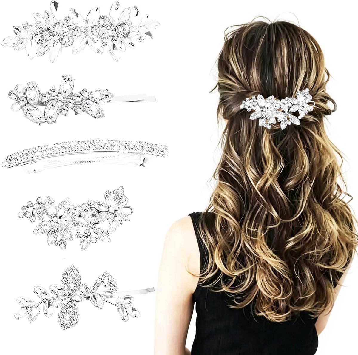Haarspelden met strass - 4 stuks - zilverkleurig met bloemen - elegant voor bruiloft - ShopVlot