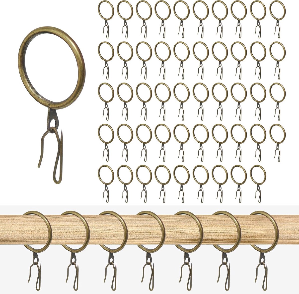 Set van 50 gordijnringen met gordijnhaken, 3 cm metalen gordijnklemmen, haken met oogjes en knijpplooi gordijnspelden - ShopVlot