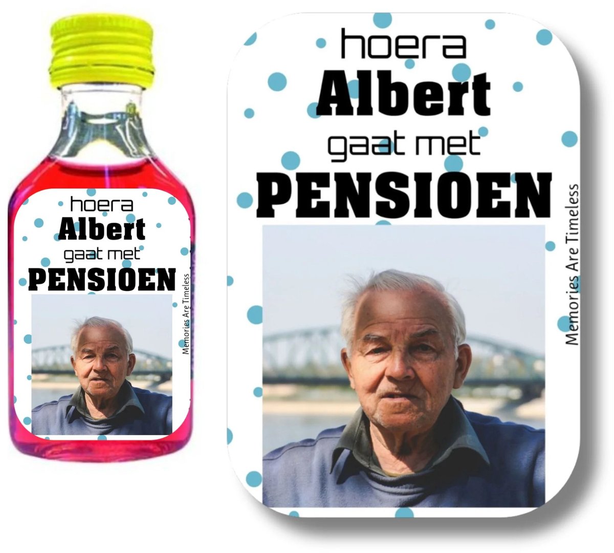 Pensioen Etiketten met Foto en Naam | 30 Shotjes Stickers | Gepersonaliseerd Afscheid Collega | Memories Are Timeless