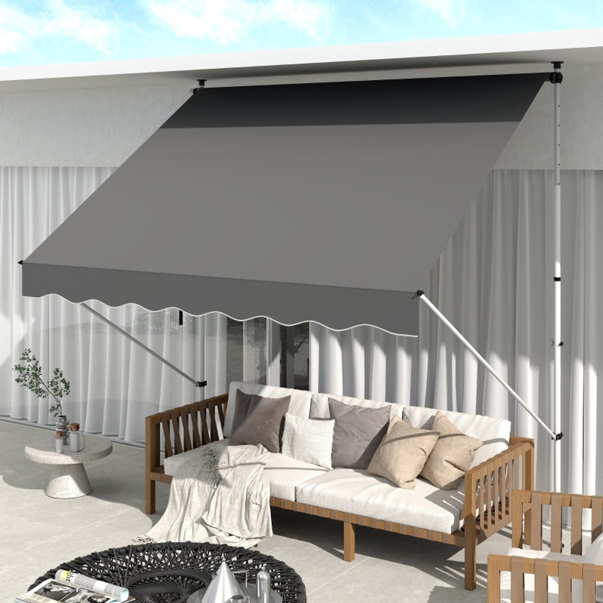 Zonnescherm Vrijstaand 300 X 150 Cm Met Handslinger Polyester Grijs Met Verstelbare Standaarden Voor Terras En Balkon