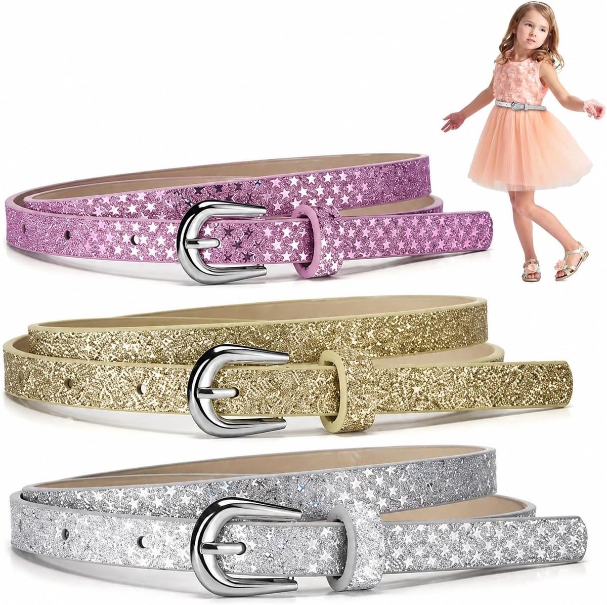 Kinderstrakke Riem Set, 3-delige Glanzende PU Leren Riemen met Stervormige Gesp, Duurzaam en Modieus Accessoire voor - ShopVlot