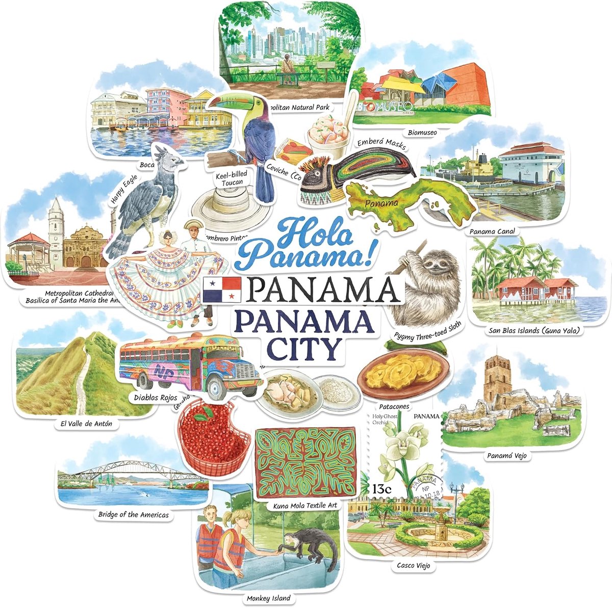 Navy Peony Panama Travel Stickers in Watercolour - Matt, Waterproof, Die Cut - ShopVlot