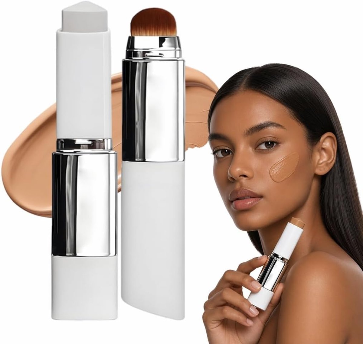 Foundationstick met kwast, 2-in-1 make-up met lichte, natuurlijke afwerking, past zich aan de huidtint aan, gemiddelde - ShopVlot
