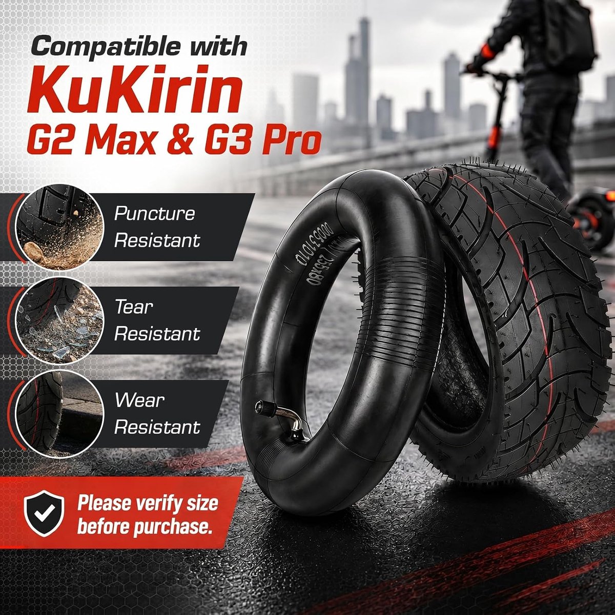 10 inch buiten- en binnenbandenset compatibel met Kukirin G2 Max/Kukirin G3 Pro Kickscooter, 24 x 15 antislip en - ShopVlot