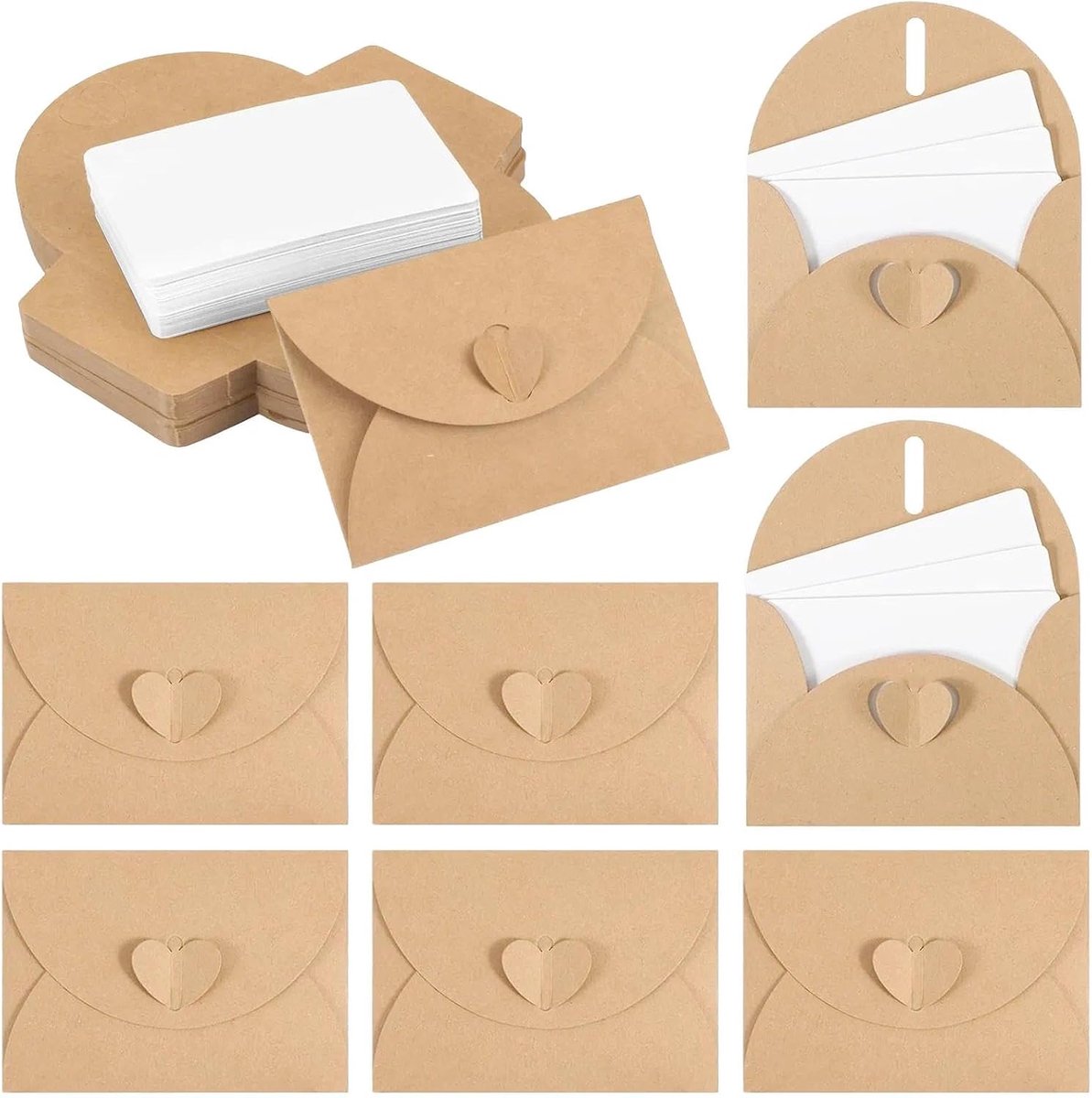 Lobaake 100 stuks mini-enveloppen, retro cadeauenveloppen, bruiloftsenvelop met hartvormige sluiting voor - ShopVlot