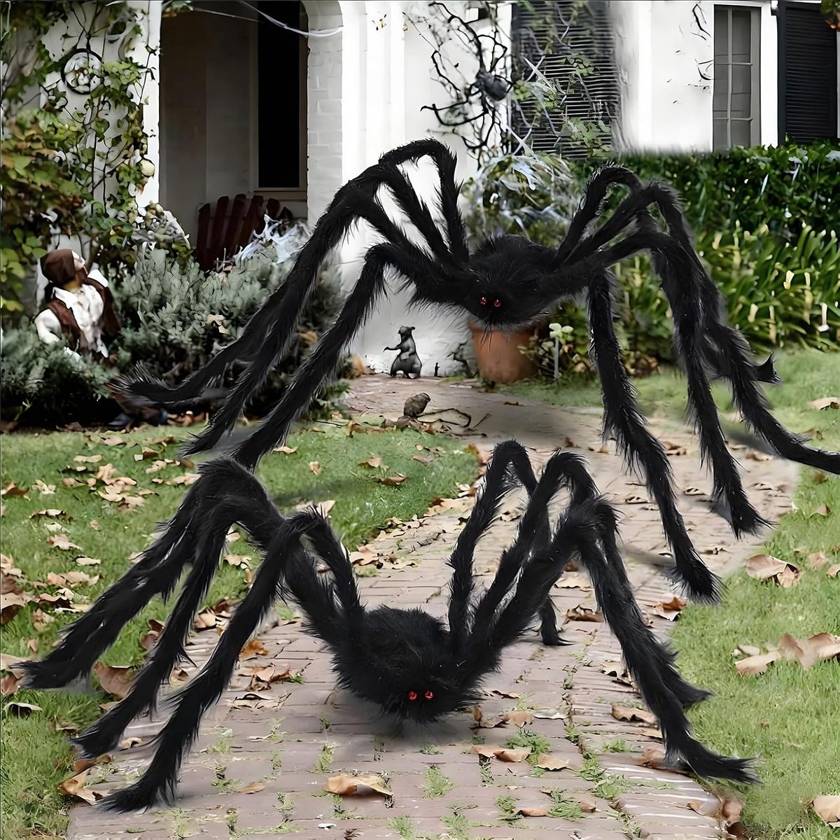 2pcs Halloween Spider, Realistic Giant Spider Statue, Large Fake Hair Spider with Red Eyes, Spooky Black Spiders - ShopVlot